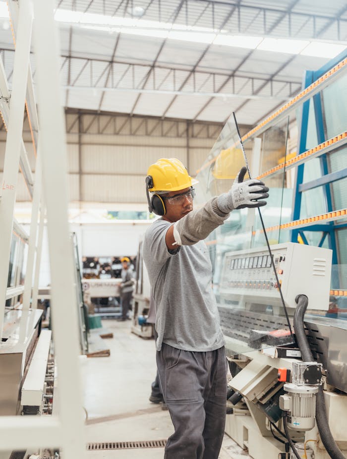 services-02 Industrial worker with safety gear handling glass sheet in a factory environment.