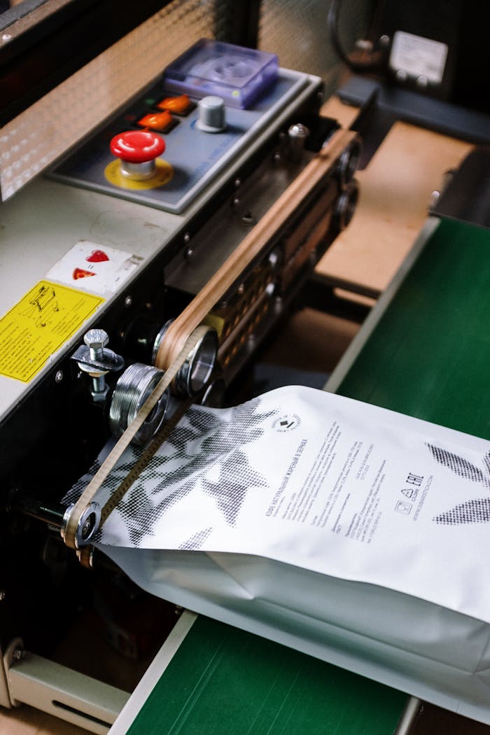 services-10 Close-up of a coffee bag being sealed by an industrial machine, showcasing manufacturing precision.